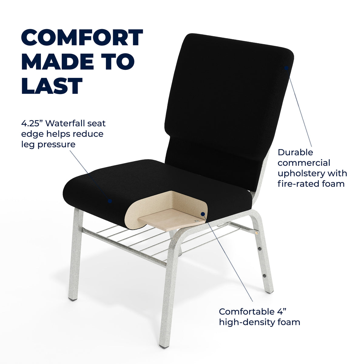 Black Fabric/Silver Vein Frame |#| 18.5"W Church Chair in Black Fabric with Book Rack - Silver Vein Frame