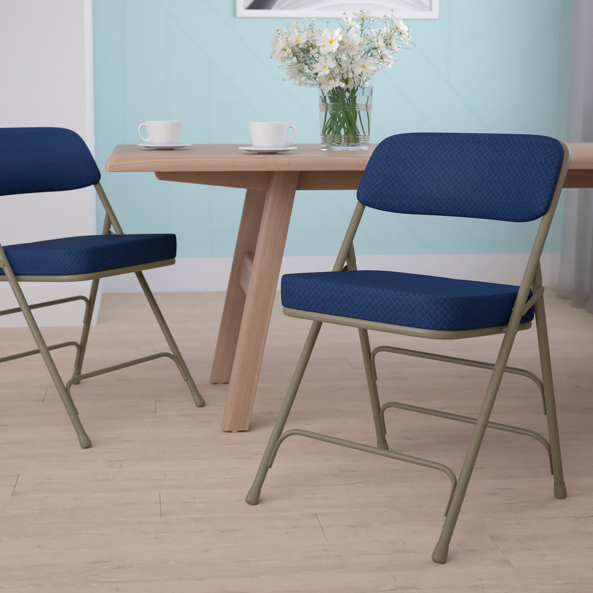 Navy Fabric/Gray Frame |#| 18.5"W Premium Curved Triple Braced Navy Blue Fabric Metal Folding Chair