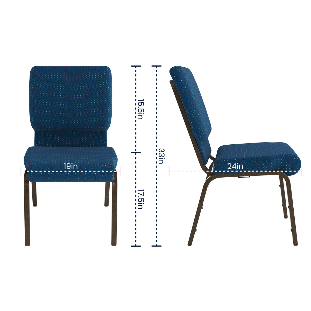 Navy Blue Patterned Fabric/Gold Vein Frame |#| 18.5"W Stacking Church Chair in Navy Blue Patterned Fabric - Gold Vein Frame
