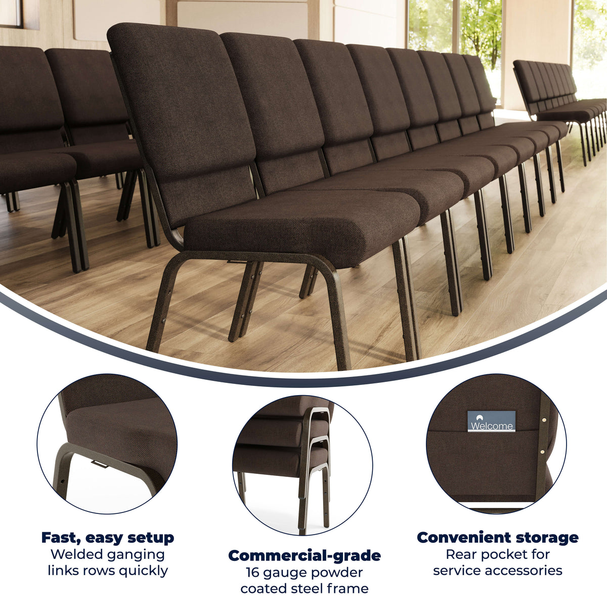 Brown Fabric/Gold Vein Frame |#| 18.5"W Stacking Church Chair in Brown Fabric - Gold Vein Frame