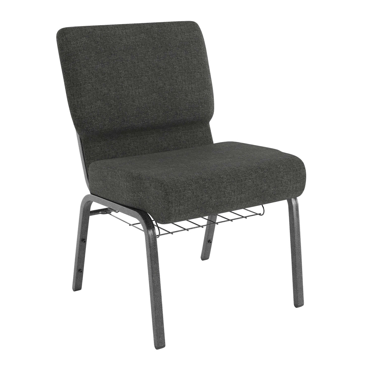Dark Gray Fabric/Silver Vein Frame |#| 21"W Church Chair in Dark Gray Fabric with Book Rack - Silver Vein Frame