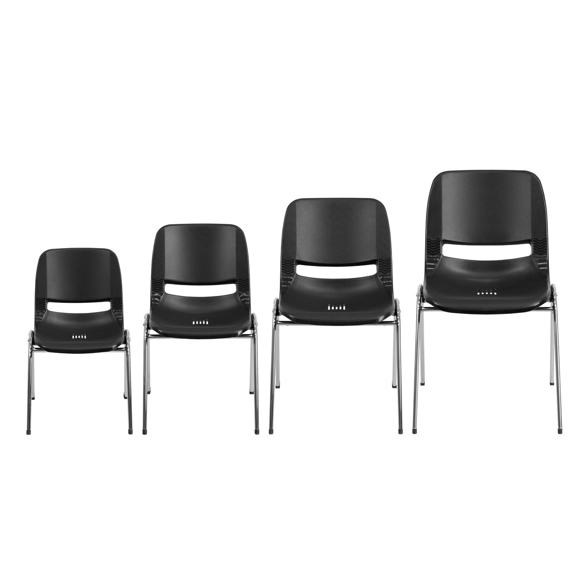 Black Plastic/Chrome Frame |#| 440 lb. Rated Kid's Black Ergonomic Stack Chair - Chrome Frame-14" Seat Height