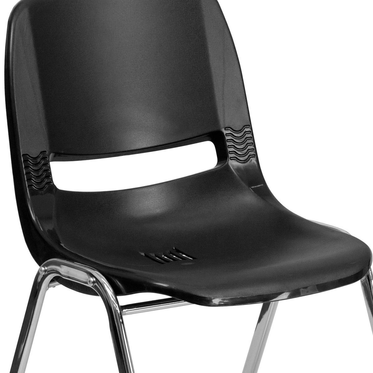 Black Plastic/Chrome Frame |#| 440 lb. Rated Kid's Black Ergonomic Stack Chair - Chrome Frame-14" Seat Height