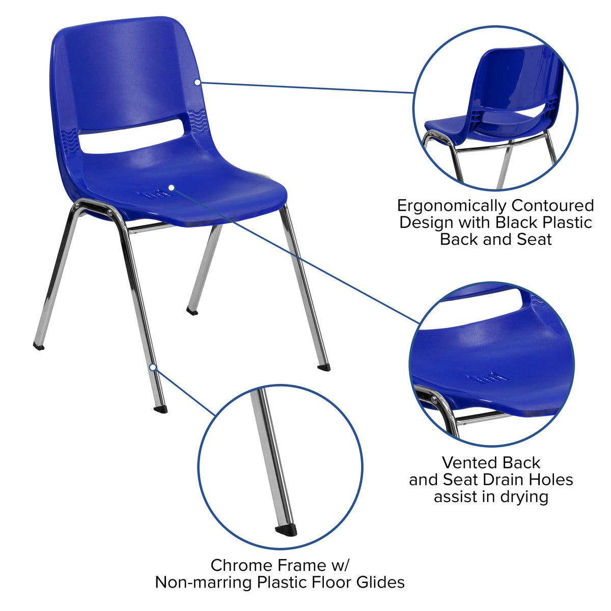 Navy Plastic/Chrome Frame |#| 440 lb. Rated Kid's Navy Contour Shell Stack Chair-Chrome Frame-14" Seat Height