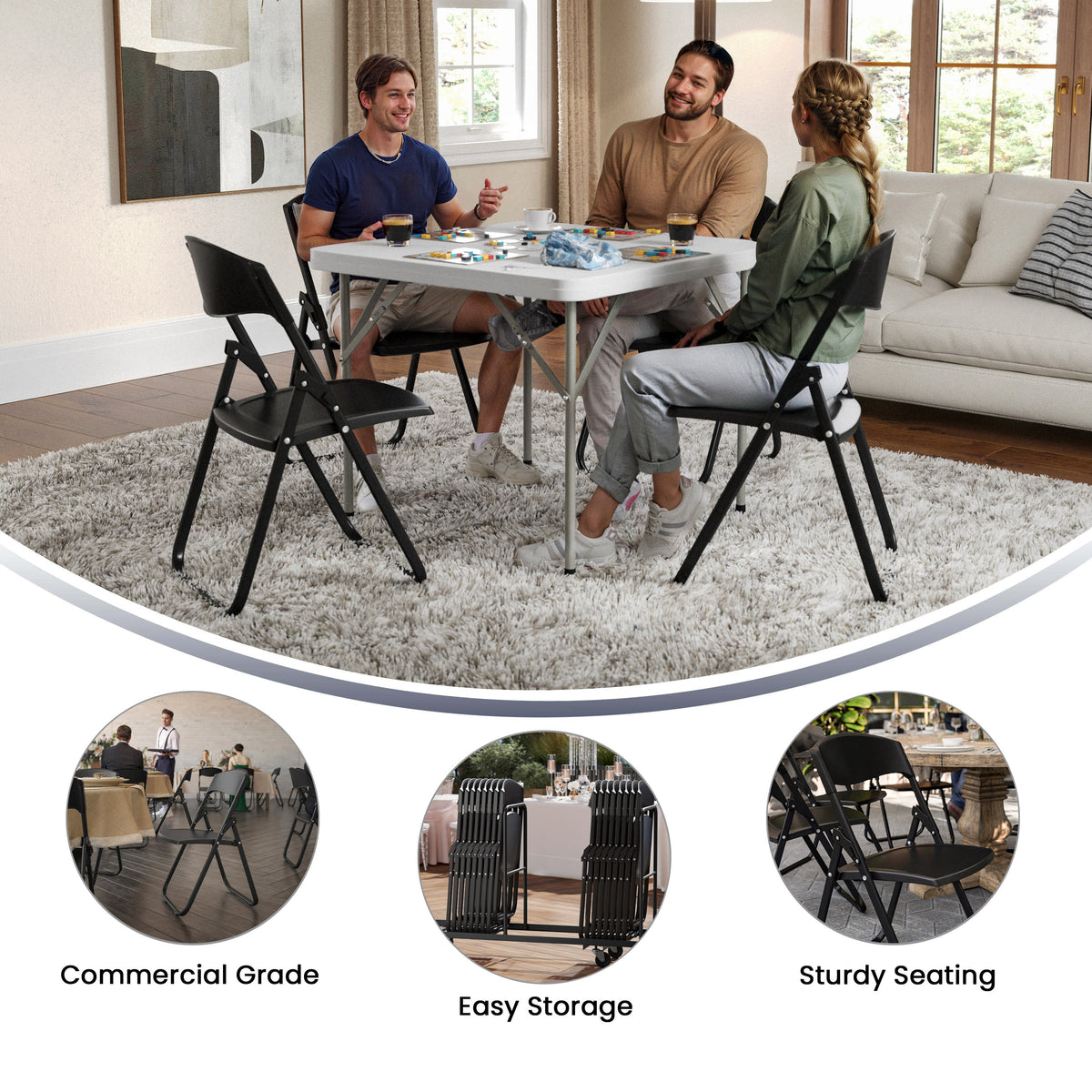 Black |#| 500 lb. Capacity Heavy Duty Black Folding Chair with Built-in Ganging Brackets