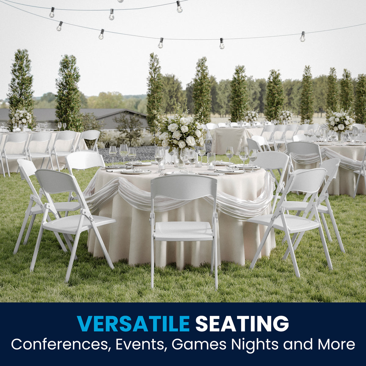 White |#| 500 lb. Capacity Heavy Duty White Folding Chair with Built-in Ganging Brackets