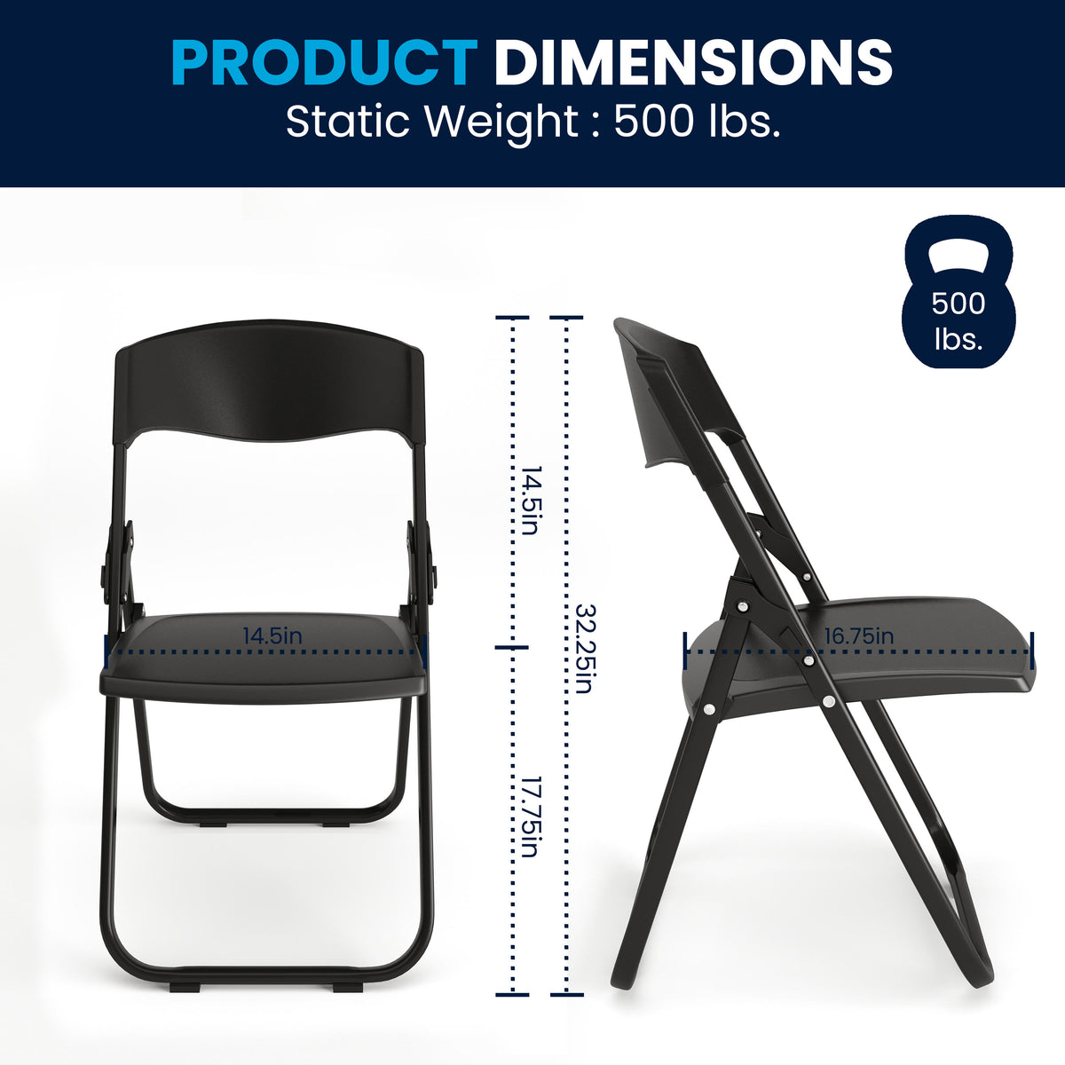 Black |#| 500 lb. Capacity Heavy Duty Black Folding Chair with Built-in Ganging Brackets