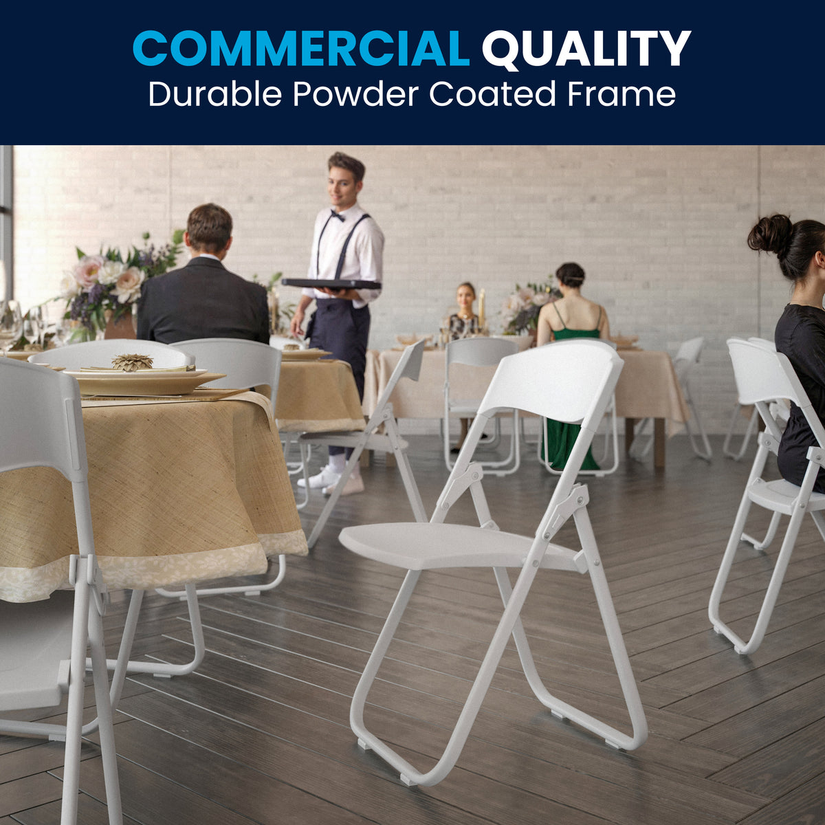 White |#| 500 lb. Capacity Heavy Duty White Folding Chair with Built-in Ganging Brackets