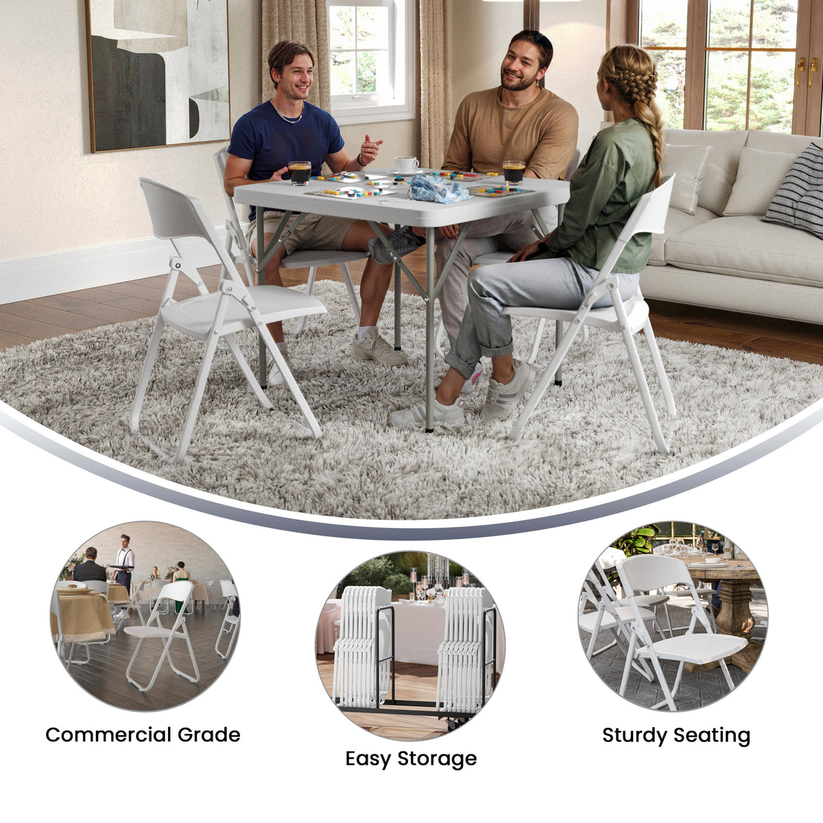 White |#| 500 lb. Capacity Heavy Duty White Folding Chair with Built-in Ganging Brackets