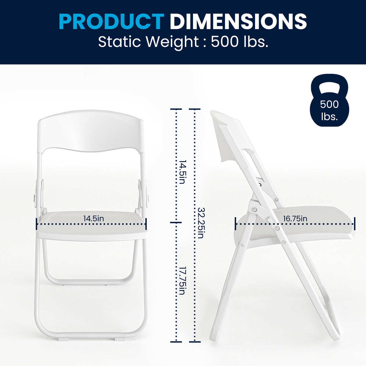 White |#| 500 lb. Capacity Heavy Duty White Folding Chair with Built-in Ganging Brackets