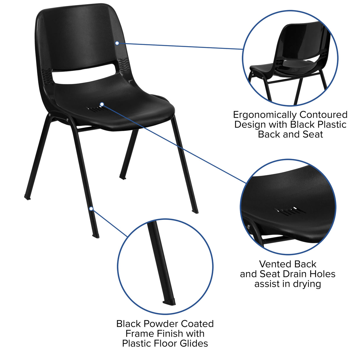 Black Plastic/Black Frame |#| 661 lb. Capacity Black Ergonomic Stack Chair w/ Black Frame-16" Seat Height
