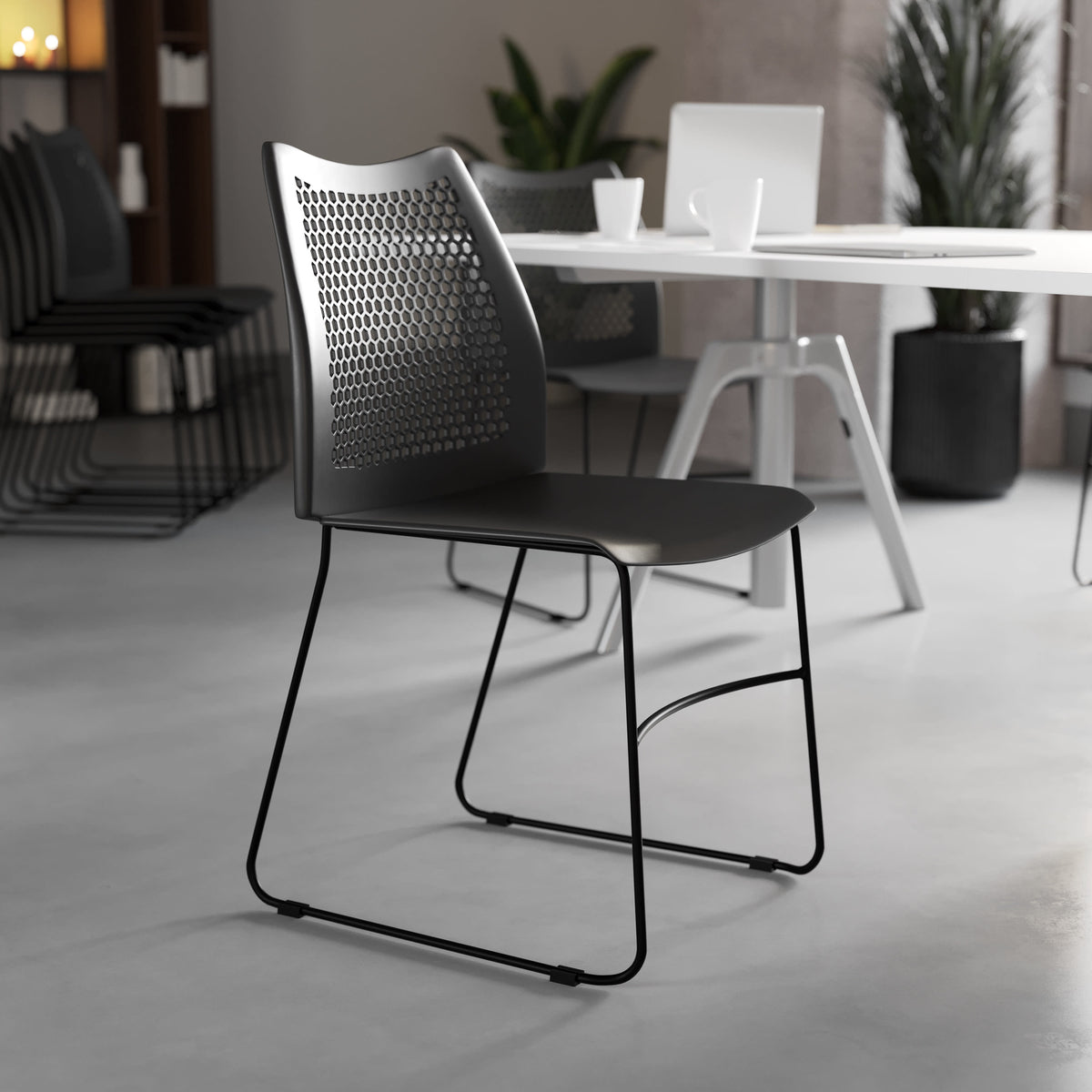 Black |#| 661 lb. Capacity Black Sled Base Stack Chair with Air-Vent Back