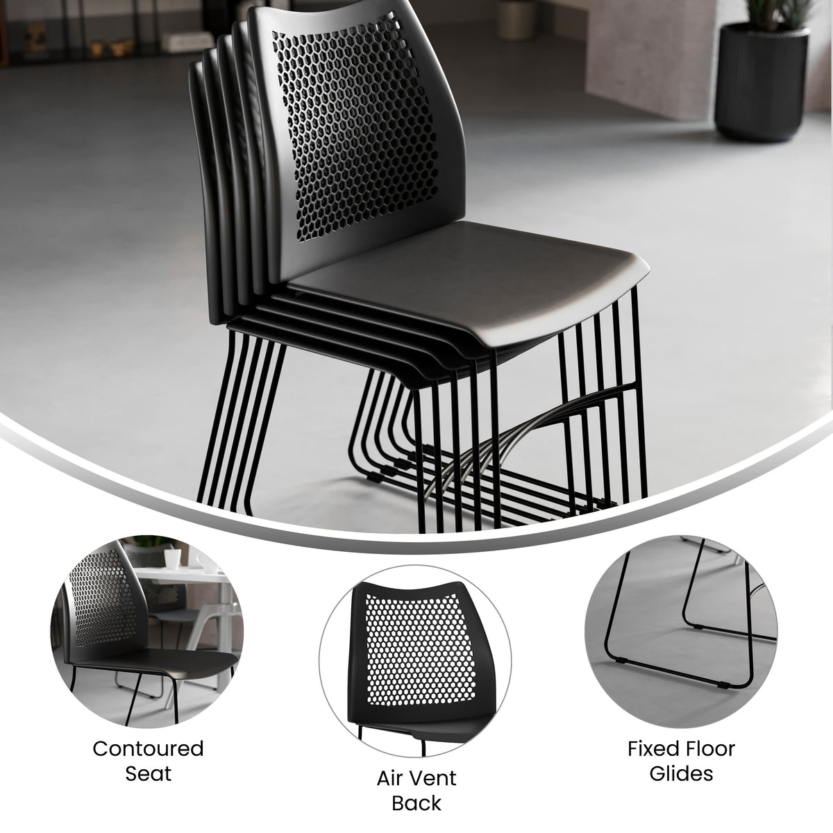 Black |#| 661 lb. Capacity Black Sled Base Stack Chair with Air-Vent Back