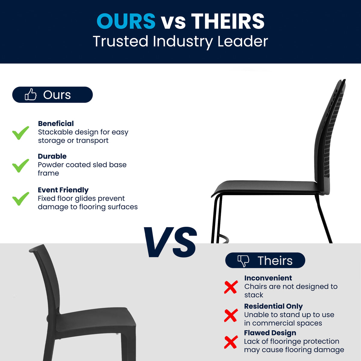 Black |#| 661 lb. Capacity Black Sled Base Stack Chair with Air-Vent Back