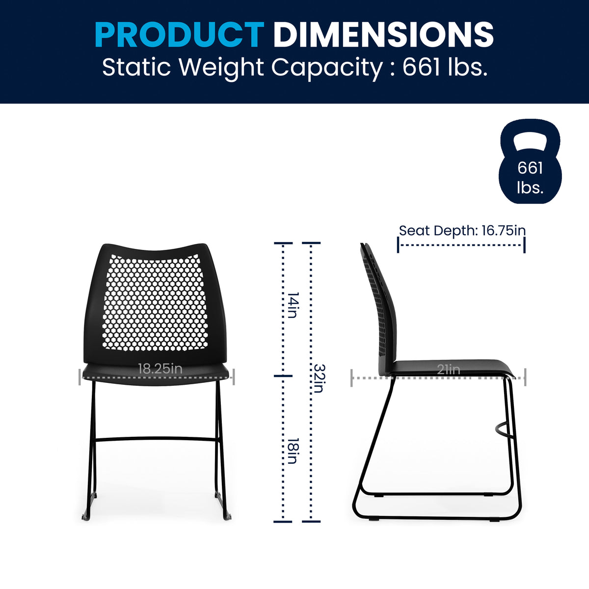 Black |#| 661 lb. Capacity Black Sled Base Stack Chair with Air-Vent Back