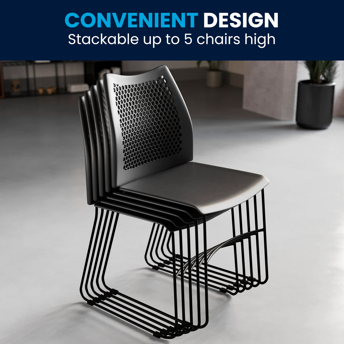 Black |#| 661 lb. Capacity Black Sled Base Stack Chair with Air-Vent Back