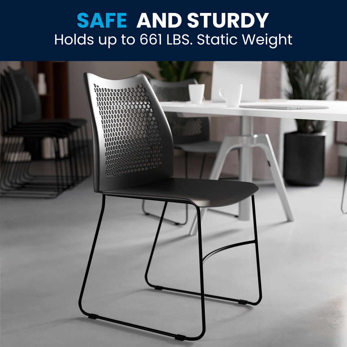 Black |#| 661 lb. Capacity Black Sled Base Stack Chair with Air-Vent Back