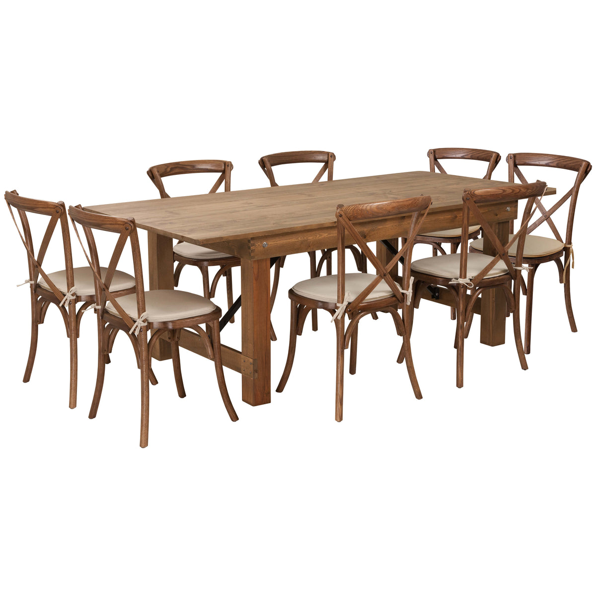 7' x 40" Rustic Folding Farm Table Set with 8 Cross Back Chairs and Cushions