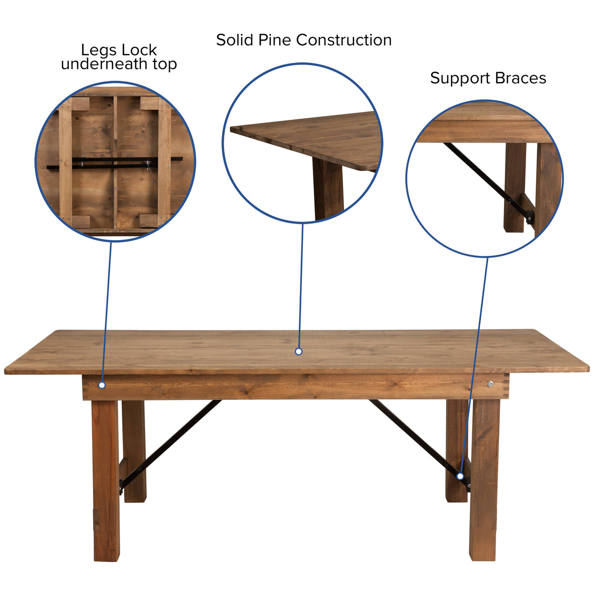 7' x 40" Rustic Folding Farm Table Set with 8 Cross Back Chairs and Cushions
