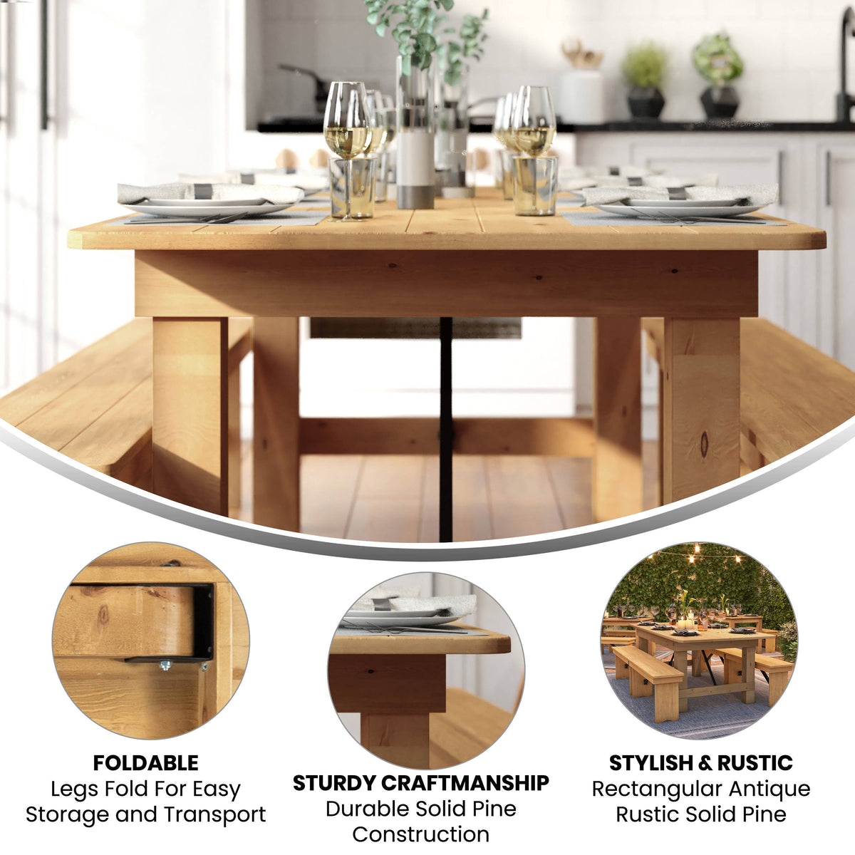 Light Natural |#| 7' x 40" Rectangular Antique Rustic Solid Pine Folding Farm Table