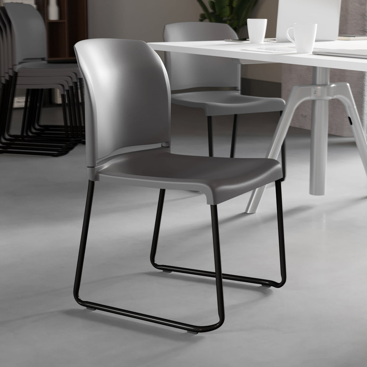 Gray |#| Home and Office Guest Chair Gray Full Back Contoured Sled Base Stack Chair