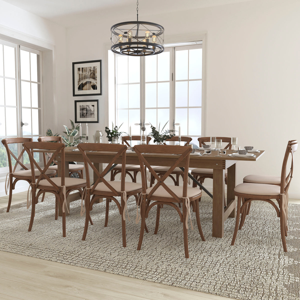 8' x 40" Rustic Folding Farm Table Set with 10 Cross Back Chairs and Cushions