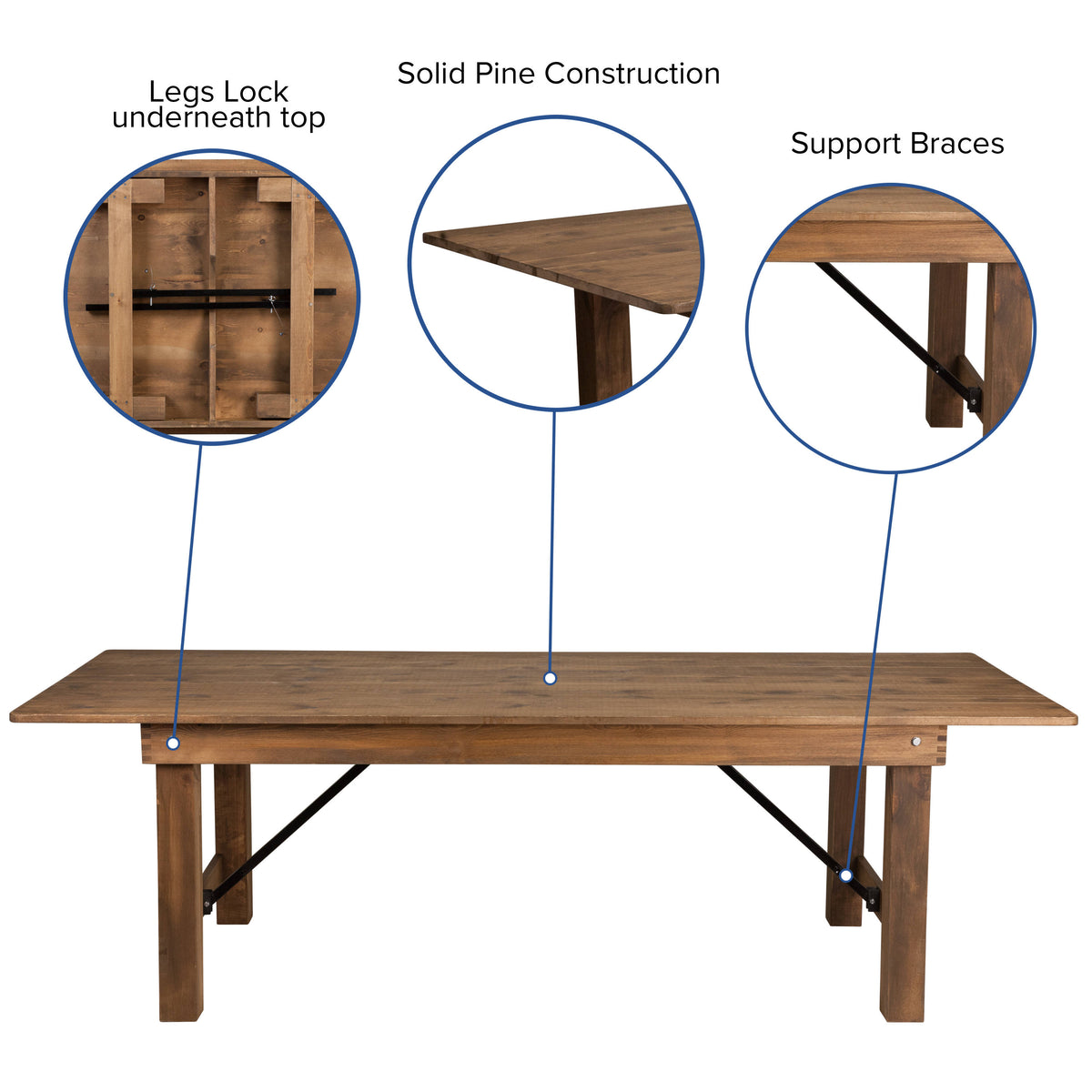 8' x 40" Rustic Folding Farm Table Set with 10 Cross Back Chairs and Cushions