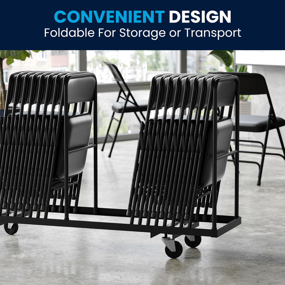 Black Vinyl/Black Frame |#| Curved Triple Braced & Double Hinged Black Vinyl Metal Folding Chair
