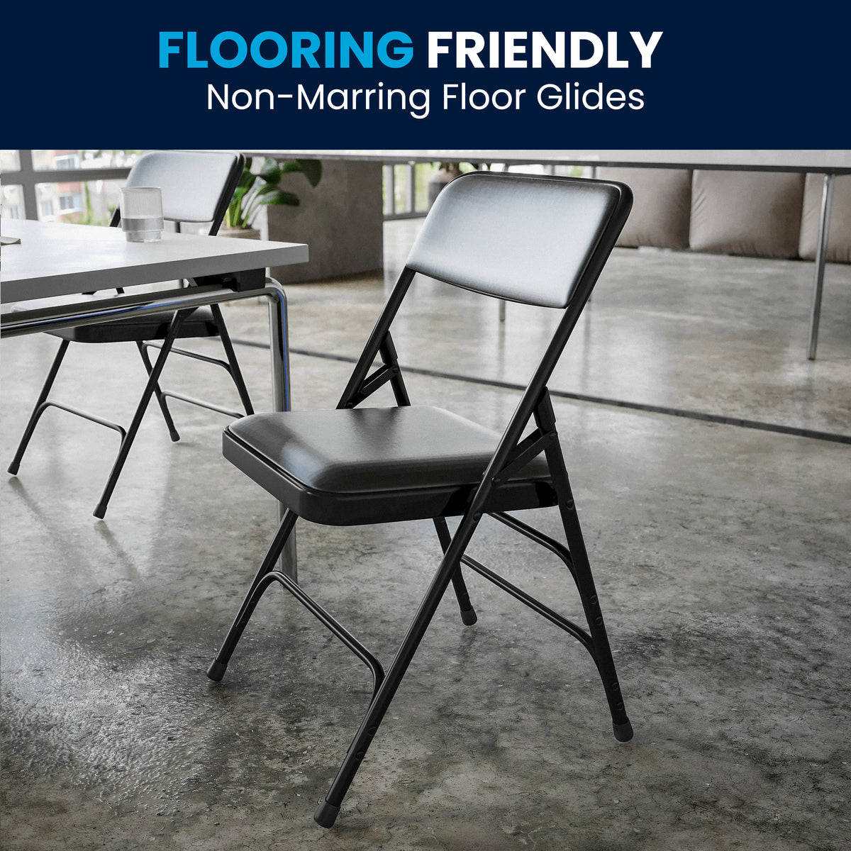 Black Vinyl/Black Frame |#| Curved Triple Braced & Double Hinged Black Vinyl Metal Folding Chair