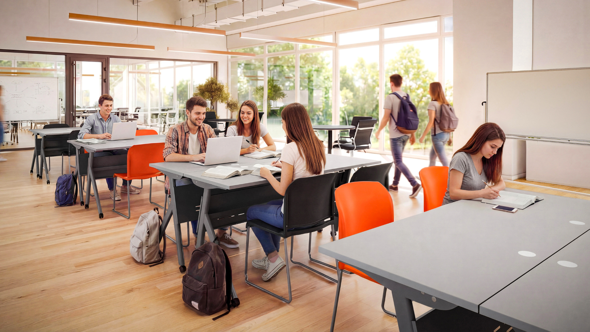 A bright modern classroom with several students seated at desks using laptops and writing, with two students walking in the background near large windows and a whiteboard.