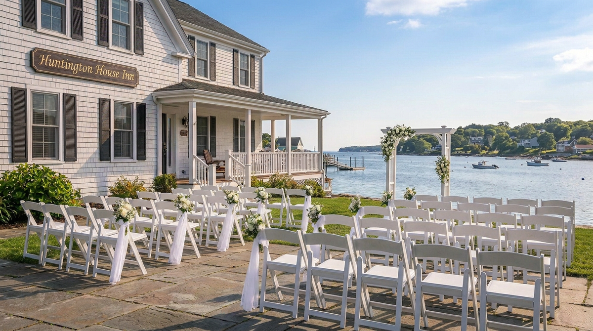 Outdoor wedding venue setup at Huntington House Inn by the water, with rows of white folding chairs on a stone patio, a white arbor with floral accents, and the house and lake visible in the background.