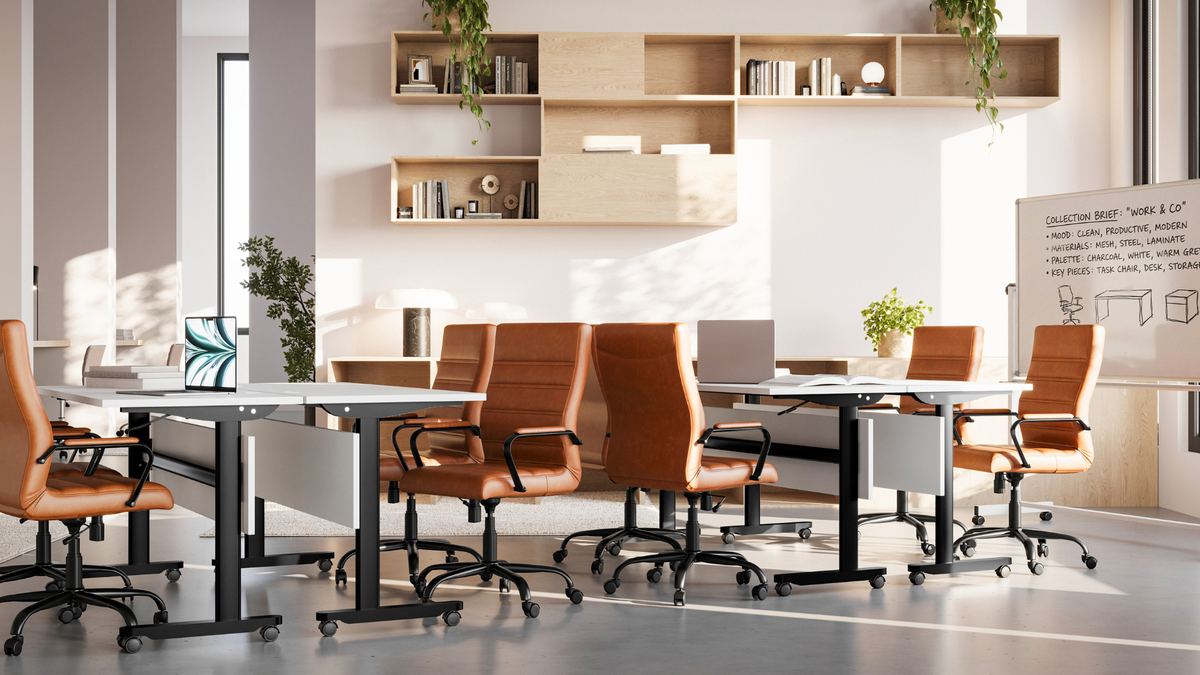 A modern office setup featuring a set of brown leather office chairs with black rolling bases arranged around white desks with black metal frames. The room has light wood floating shelves with plants and books, and a whiteboard on the right.