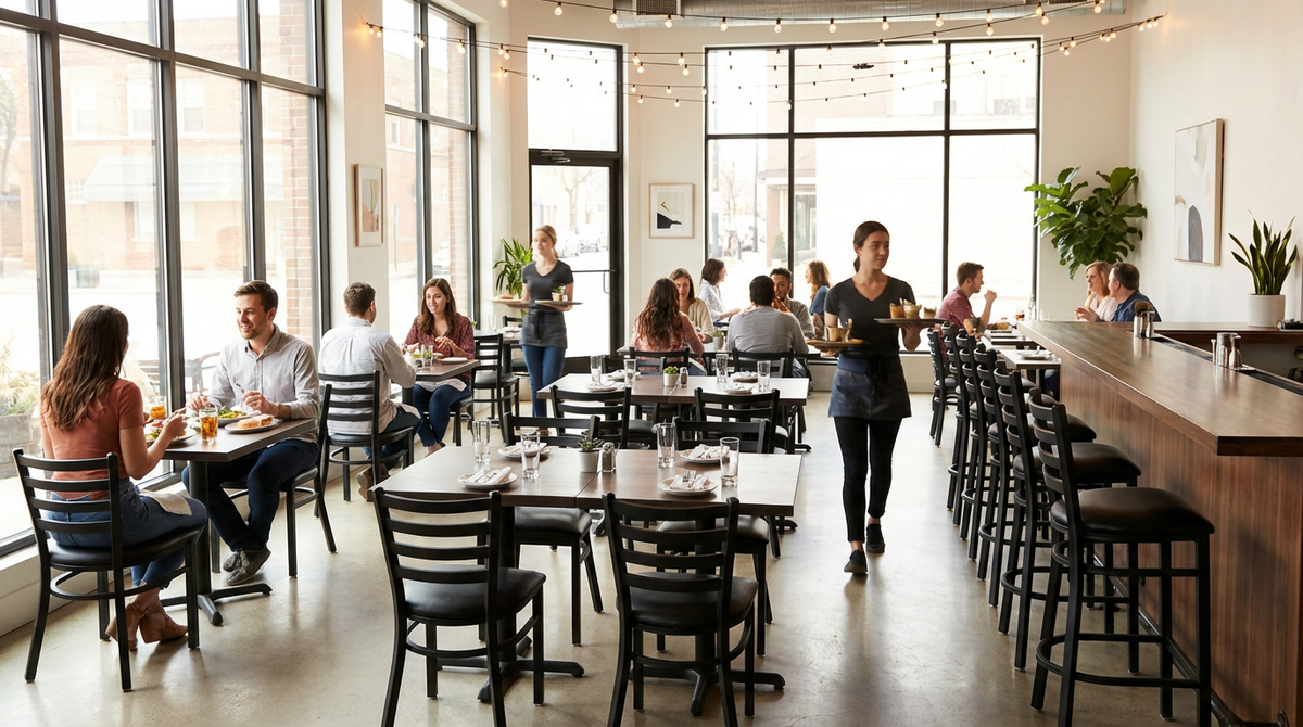 A bustling modern restaurant interior with multiple tables and bar stools, customers dining and a waitress walking through the space near large windows and a long wood counter.