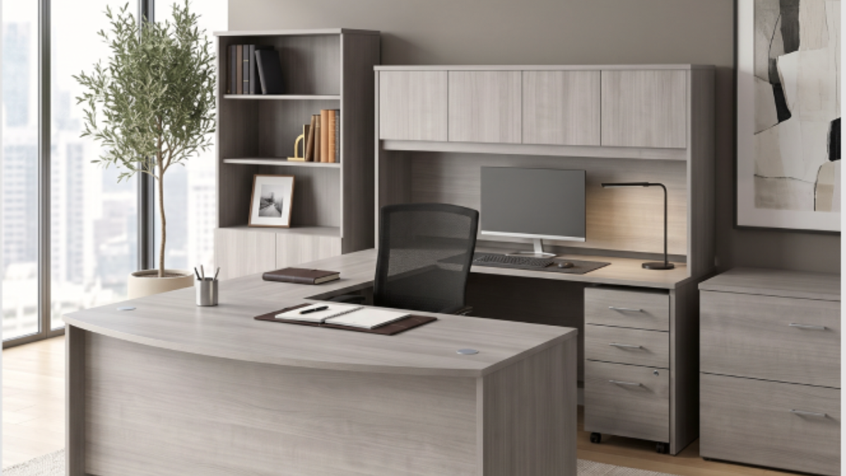 A modern U-shaped home office desk setup in a light gray woodgrain finish, featuring a curved desk, matching hutch with upper cabinets, a computer monitor, desk lamp, three-drawer filing cabinet, and a black mesh office chair. The setup is styled in a bright room with a window, city view, and a potted tree.