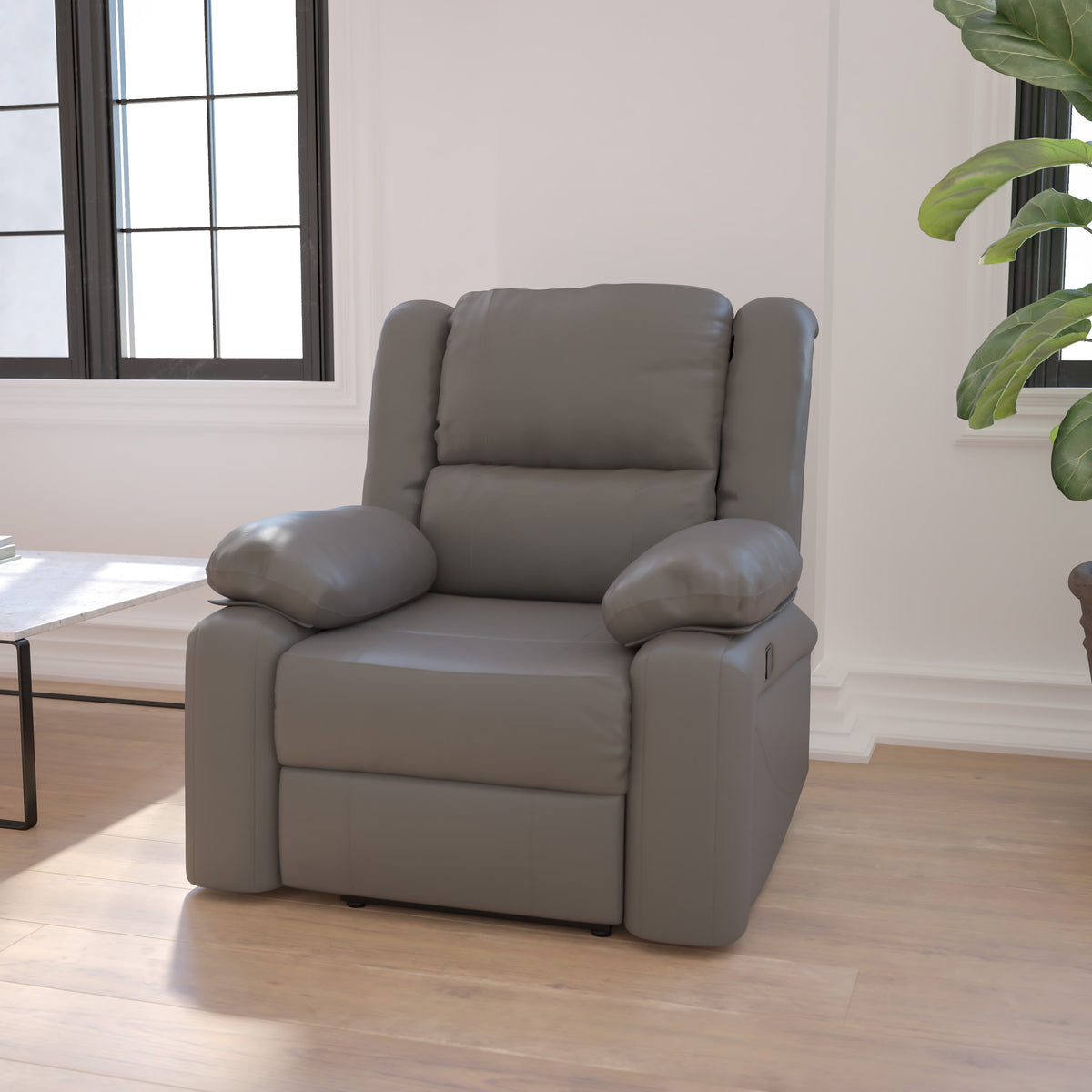 Gray LeatherSoft |#| Contemporary Gray LeatherSoft Pillow Back Recliner - Living Room Furniture
