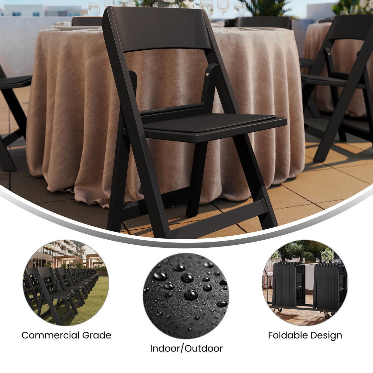 Black |#| Commercial Resin Folding Event Chair with Removable Vinyl Seat in Black