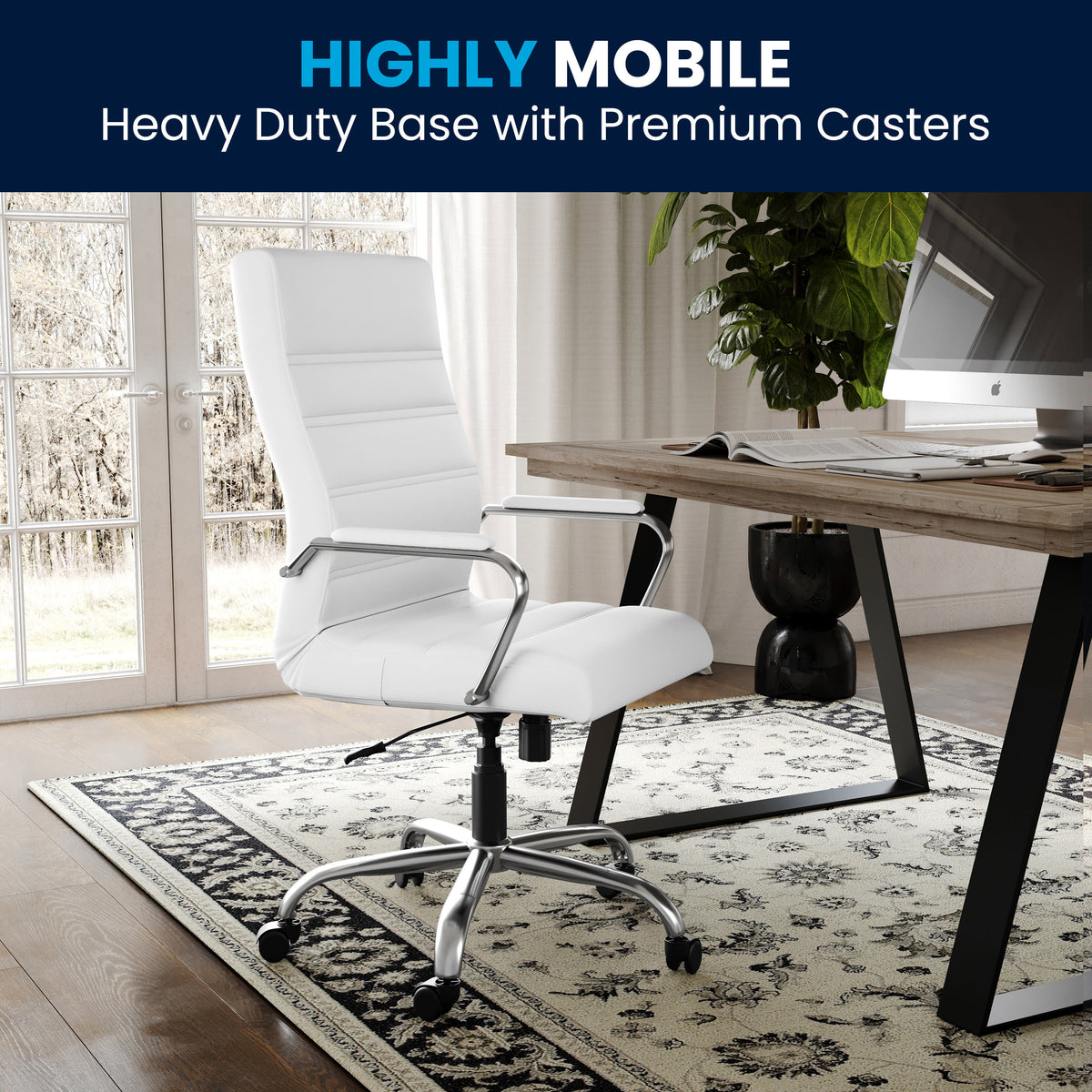 White LeatherSoft/Chrome Frame |#| High Back White LeatherSoft Executive Swivel Office Chair with Chrome Frame/Arms