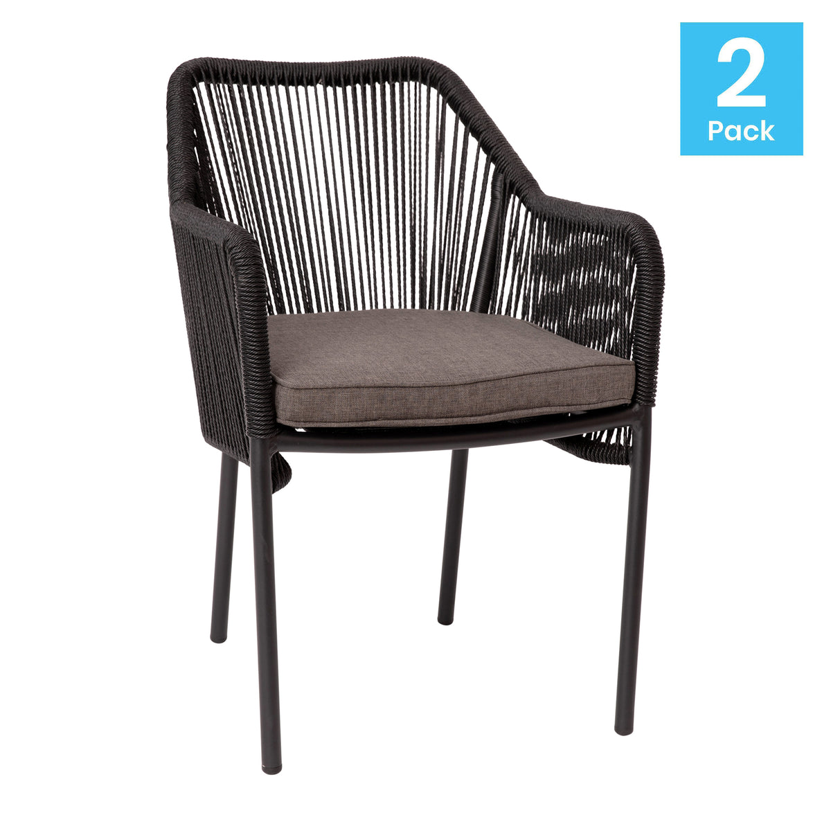 Gray Cushion/Black Frame |#| Woven Indoor/Outdoor Stacking Club Chairs in Black - Gray Cushions-Set of 2