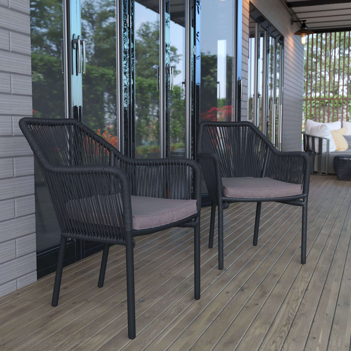 Gray Cushion/Black Frame |#| Woven Indoor/Outdoor Stacking Club Chairs in Black - Gray Cushions-Set of 2