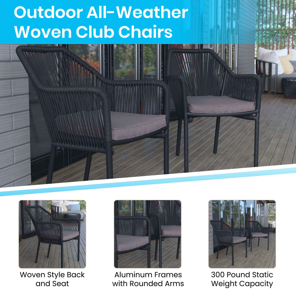 Gray Cushion/Black Frame |#| Woven Indoor/Outdoor Stacking Club Chairs in Black - Gray Cushions-Set of 2