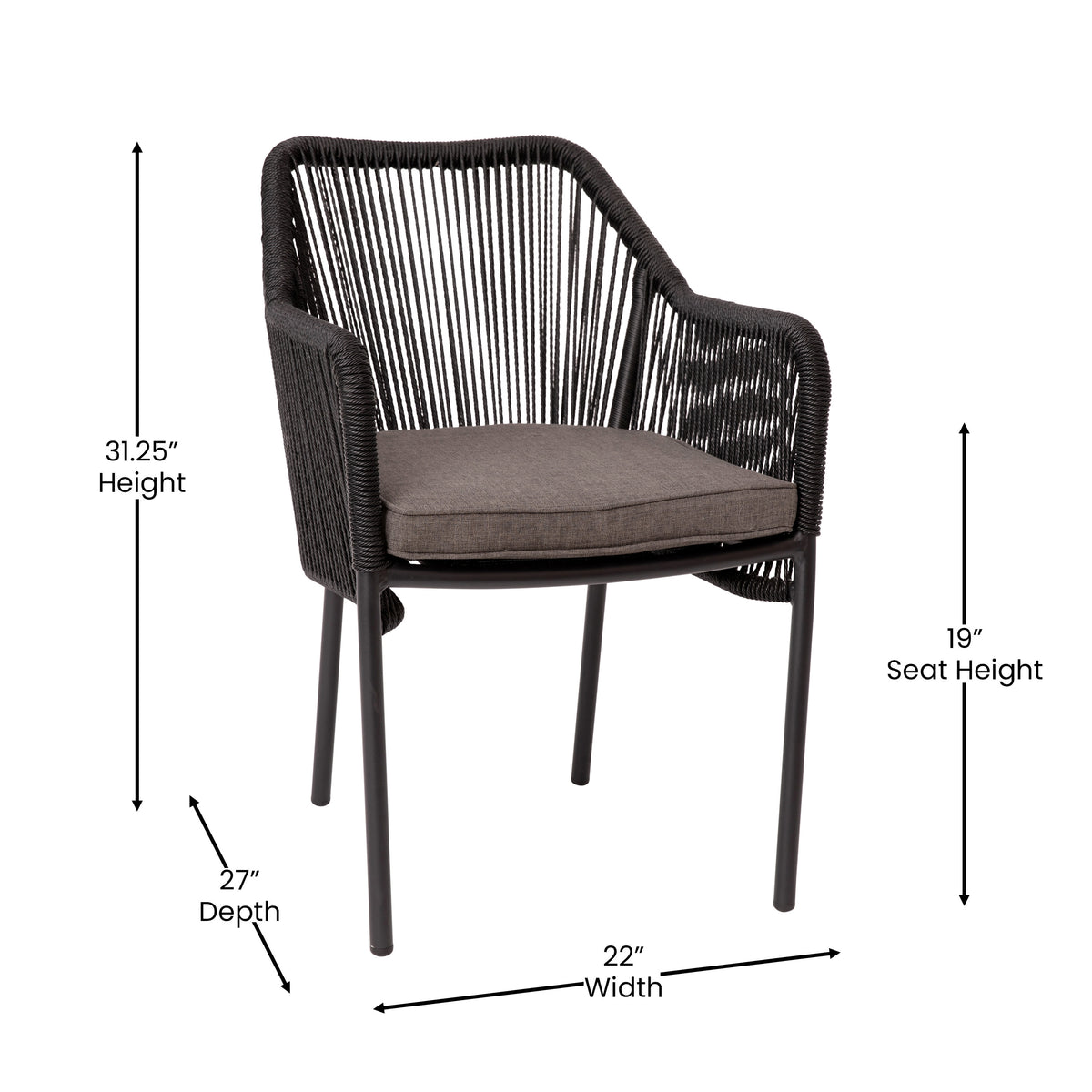 Gray Cushion/Black Frame |#| Woven Indoor/Outdoor Stacking Club Chairs in Black - Gray Cushions-Set of 2