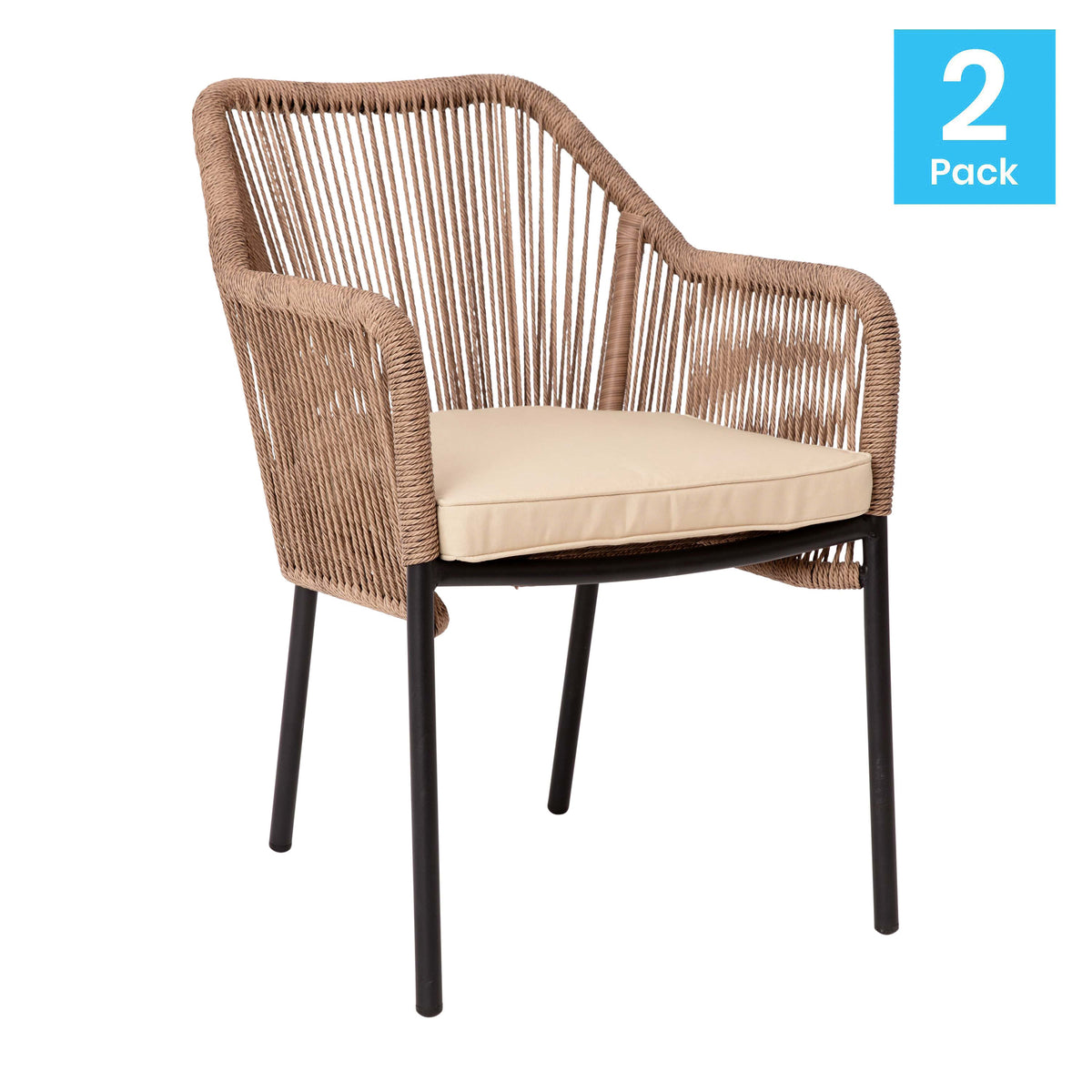 Ivory Cushion/Natural Frame |#| Woven Indoor/Outdoor Stacking Club Chairs in Natural - Ivory Cushions-Set of 2