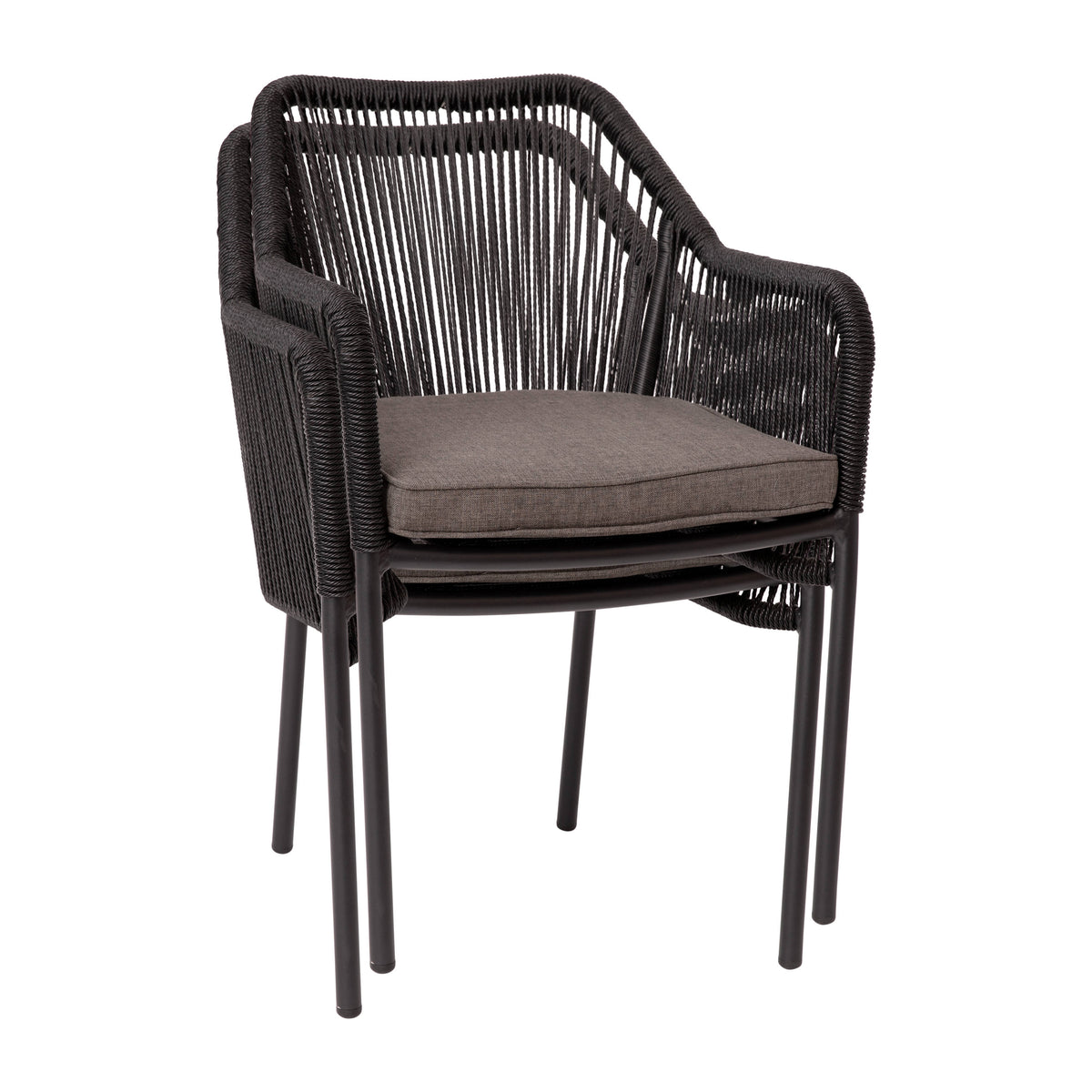 Gray Cushion/Black Frame |#| Woven Indoor/Outdoor Stacking Club Chairs in Black - Gray Cushions-Set of 2