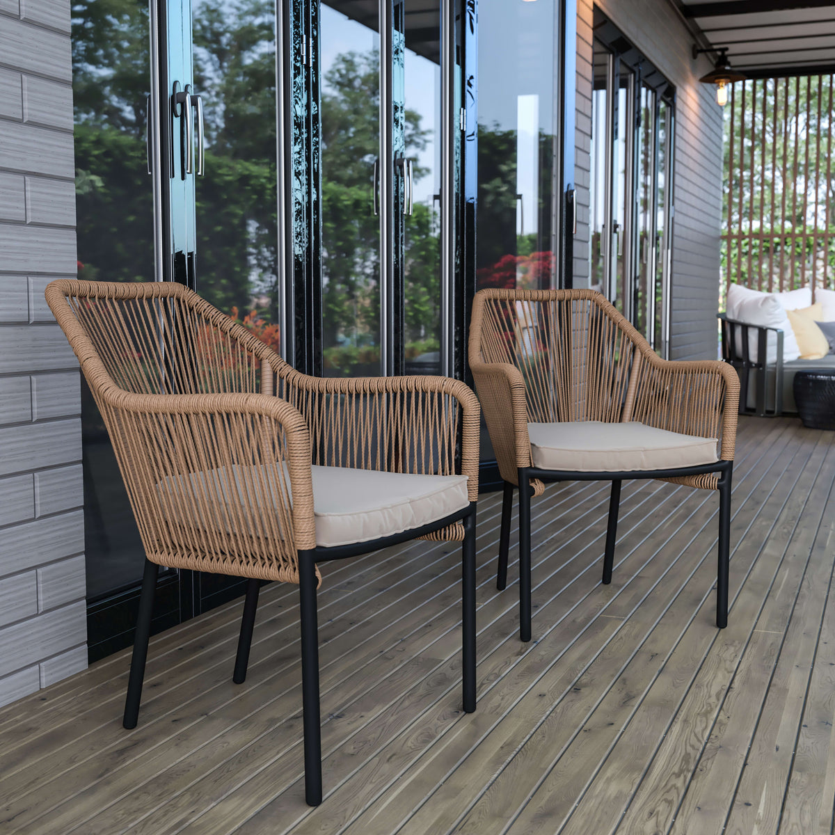 Ivory Cushion/Natural Frame |#| Woven Indoor/Outdoor Stacking Club Chairs in Natural - Ivory Cushions-Set of 2