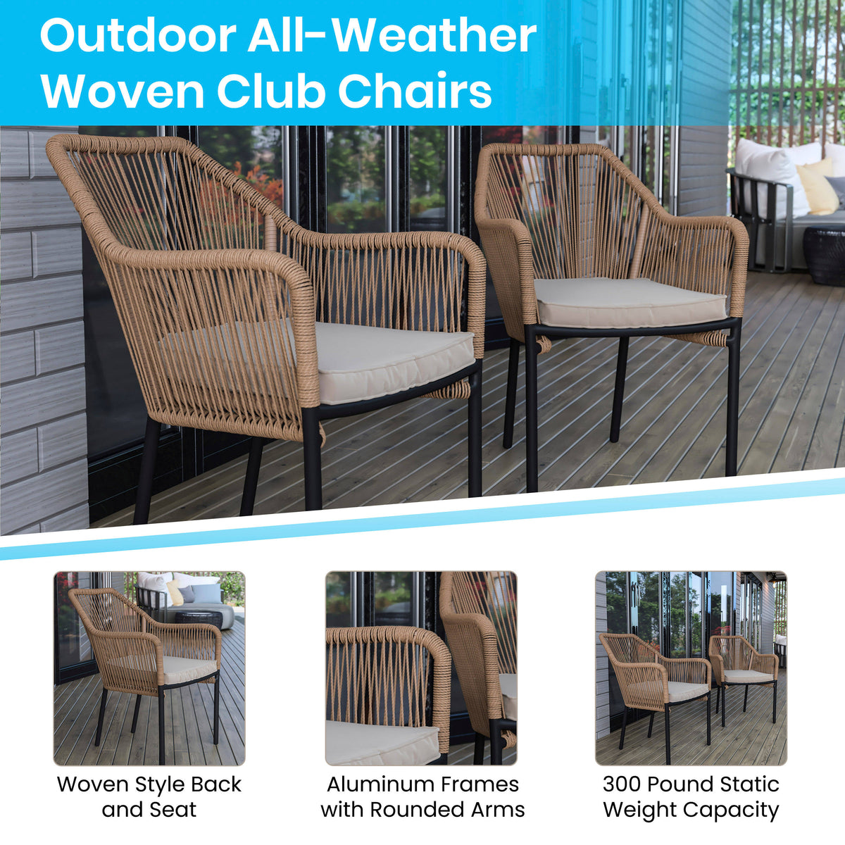 Ivory Cushion/Natural Frame |#| Woven Indoor/Outdoor Stacking Club Chairs in Natural - Ivory Cushions-Set of 2