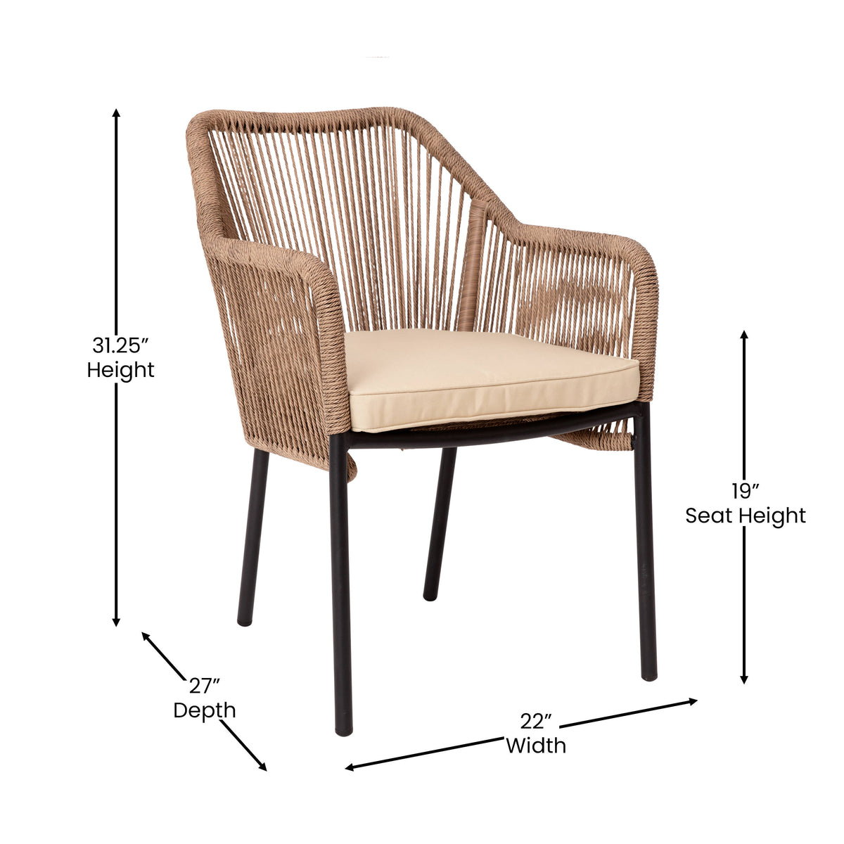 Ivory Cushion/Natural Frame |#| Woven Indoor/Outdoor Stacking Club Chairs in Natural - Ivory Cushions-Set of 2