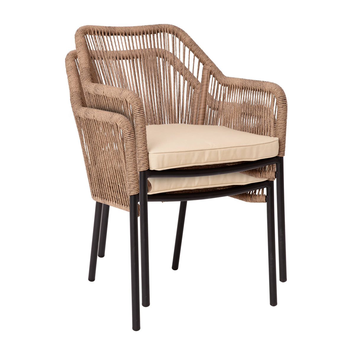 Ivory Cushion/Natural Frame |#| Woven Indoor/Outdoor Stacking Club Chairs in Natural - Ivory Cushions-Set of 2