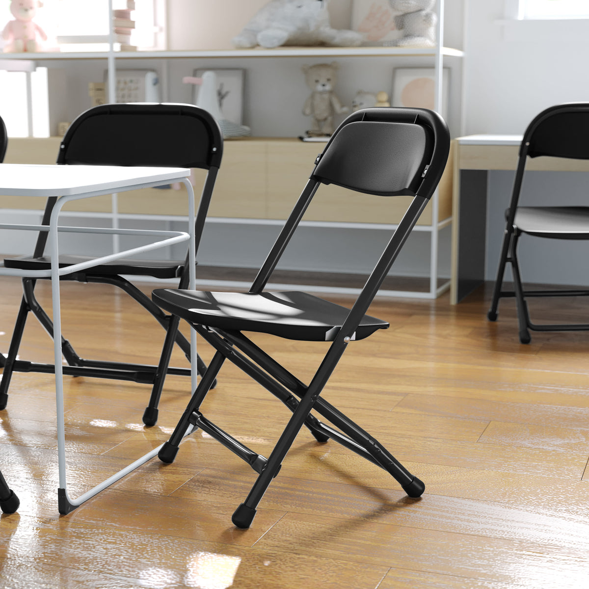 Black |#| Kids Black Plastic Folding Chair with Textured Seat - Preschool Seating