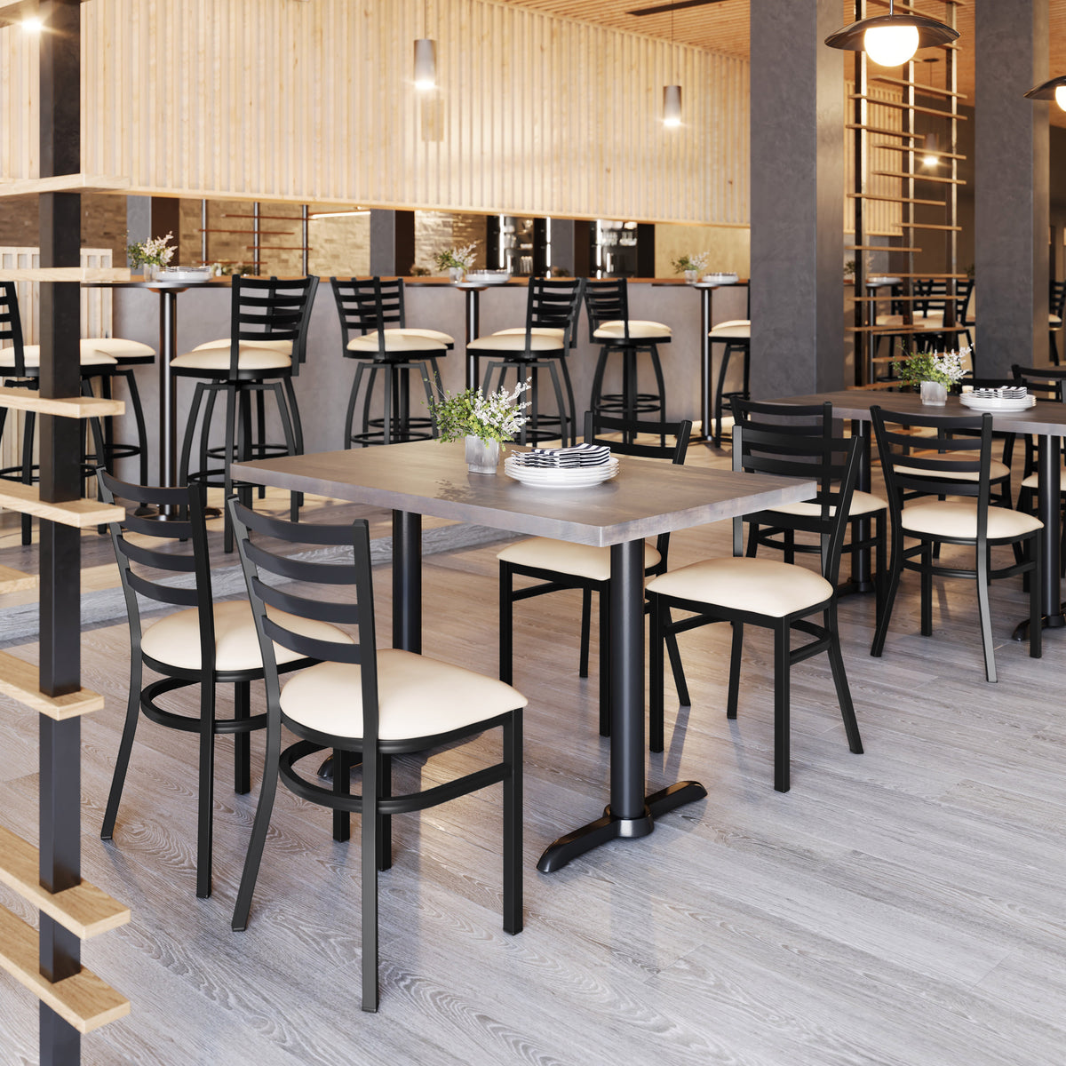 Tan Vinyl Seat/Black Metal Frame |#| Commercial Black Ladder Back Restaurant Chair with Tan Vinyl Seat