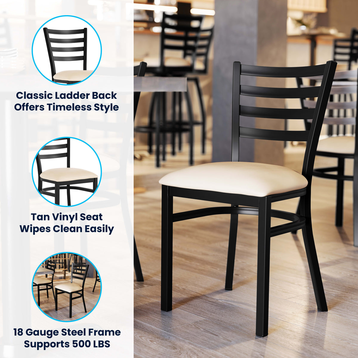 Tan Vinyl Seat/Black Metal Frame |#| Commercial Black Ladder Back Restaurant Chair with Tan Vinyl Seat